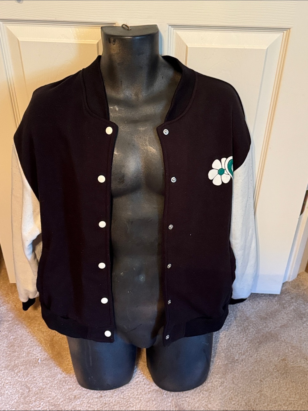 New Look Black and White Floral Patch Varsity Jacket